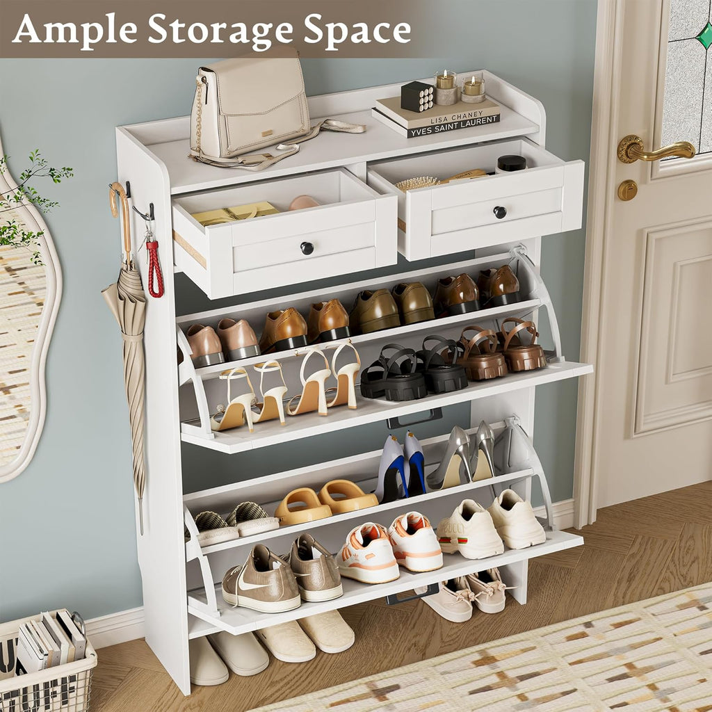 BORNOON Shoe Storage Cabinet for Entryway, Farmhouse Narrow Shoe Cabinet with 2 Flip Drawers & Top Drawers, Adjustable Shelves & Hooks, Freestanding Hidden Rack Organizer for Hallway, Foyer