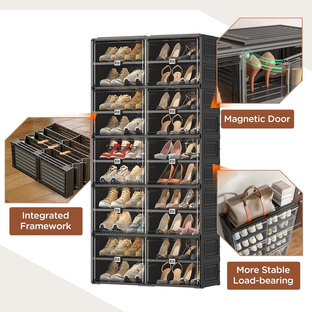 Shoe Rack Organizer Cabinet for Closet Entryway,Clear Shoe Storage Boxes Stackable Sneaker Storage with Door Easy Assembly Black Shoe Cabinet with Lids Large 10 Tiers 40 Pairs