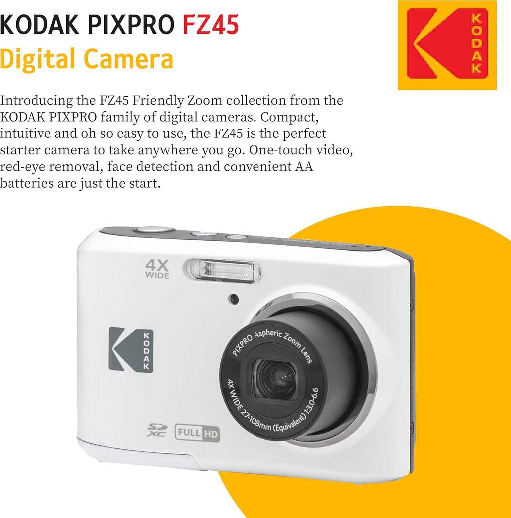 KODAK PIXPRO FZ45 16MP Digital Camera with 4X Optical Zoom 27mm Wide Angle and 2.7" LCD Screen Bundle with 32GB SD Memory Card  AA Batteries (4 Pack)  Lens Cleaning Cloth (White)