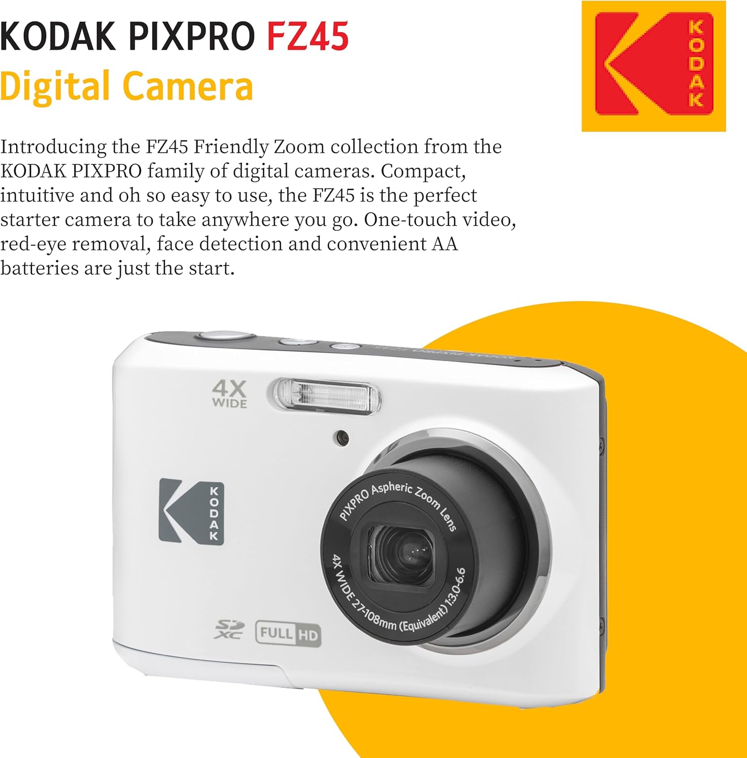 KODAK PIXPRO FZ45 16MP Digital Camera with 4X Optical Zoom 27mm Wide Angle and 2.7" LCD Screen Bundle with 32GB SD Memory Card  AA Batteries (4 Pack)  Lens Cleaning Cloth (White)