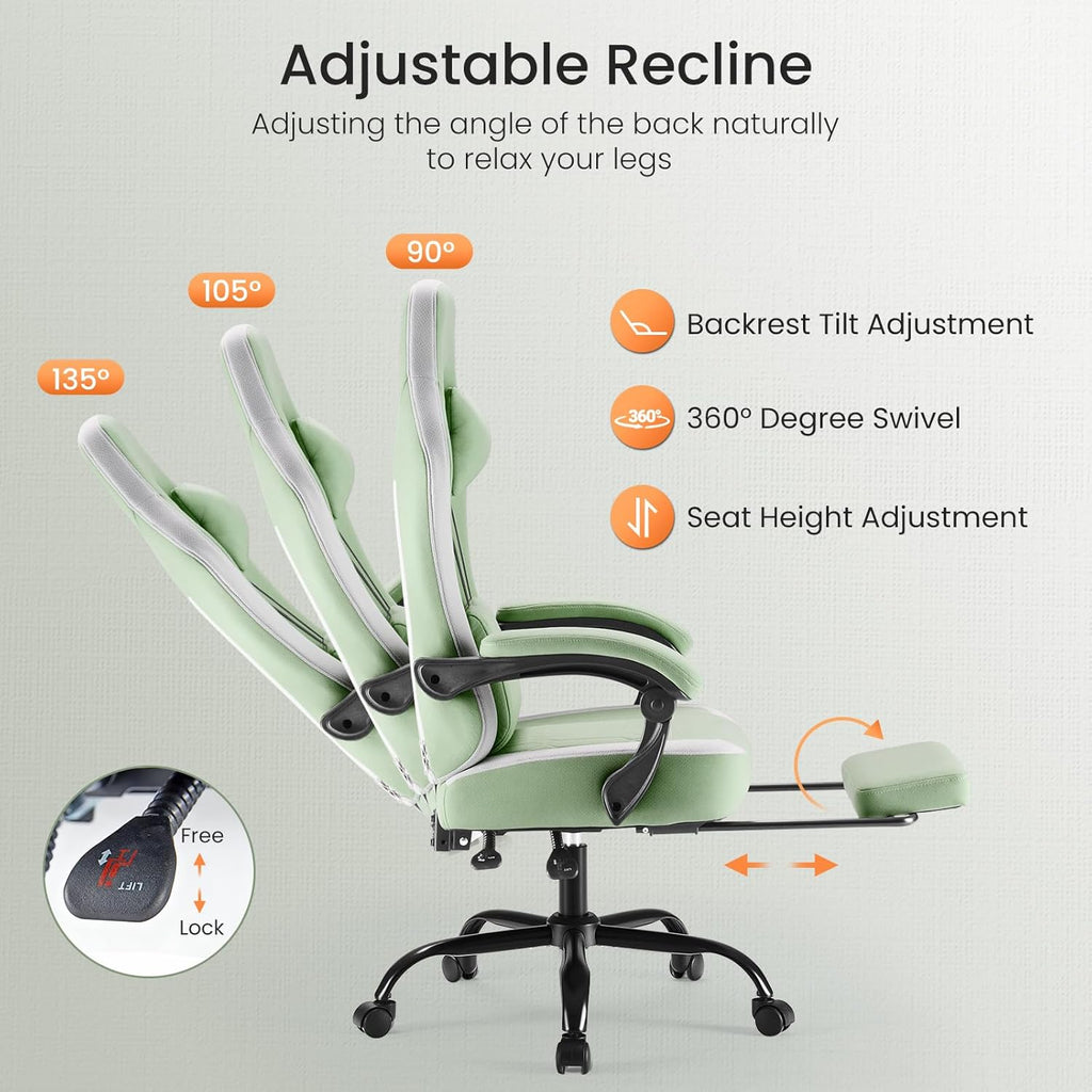 Sweetcrispy Computer Gaming Chair - High Back Ergonomic Desk Chair with Footrest and Lumbar Support, Height Adjustable with Linkage Armrests and Headrest, 360° Swivel Wheels, Fabric, Green