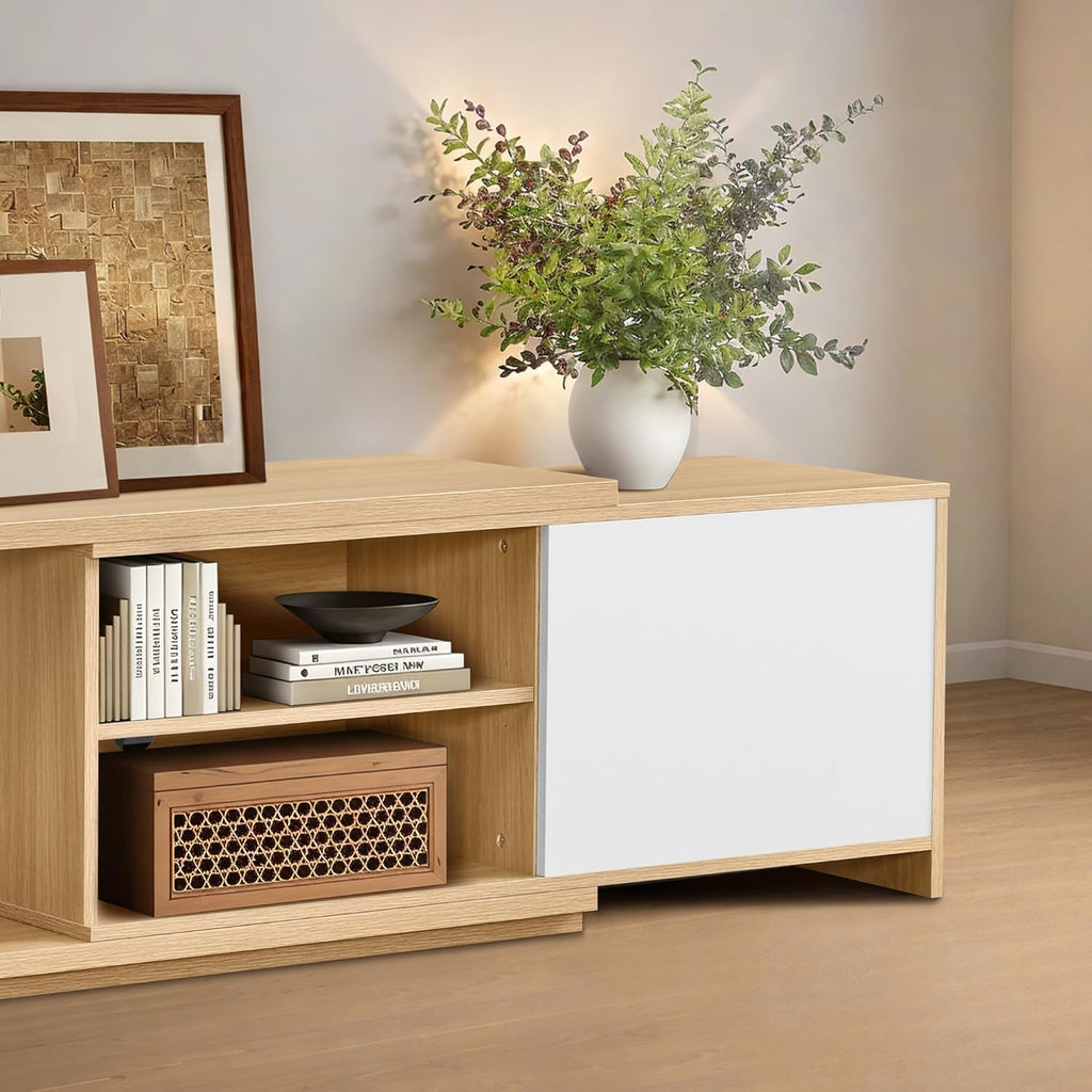 Extendable TV Stand for TVs up to 90",Modern Entertainment Center with Adjustable Shelf,Television Stand with 2 Storage Cabinets,Wooden TV Media Console for Living Room Bedroom Natural Oak