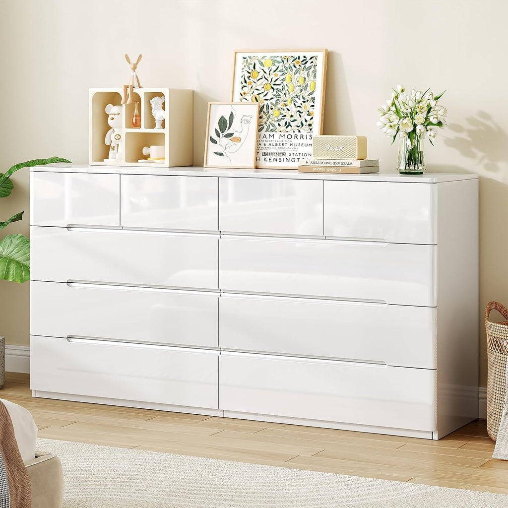 10 Drawer White Dresser for Bedroom, 55" Long Dresser Chest of Drawers, Large High Gloss Modern Storage Cabinet with Big Drawers Handle Free, Living Room, Entryway, Hallway
