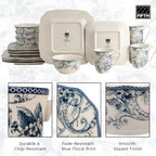 222 Fifth Adelaide Blue 16-Piece Floral Porcelain Dinnerware Set | Microwave and Dishwasher Safe Dining Set for 4 | Stackable and Chip-Resistant Plates Bowls and Cups | Gift for Housewarming & Wedding