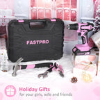 FASTPRO 177-Piece 20V Pink Cordless Lithium-ion Drill Driver and Home Tool Set, Lady's Home Repairing Tool Kit with Drill in Storage Case