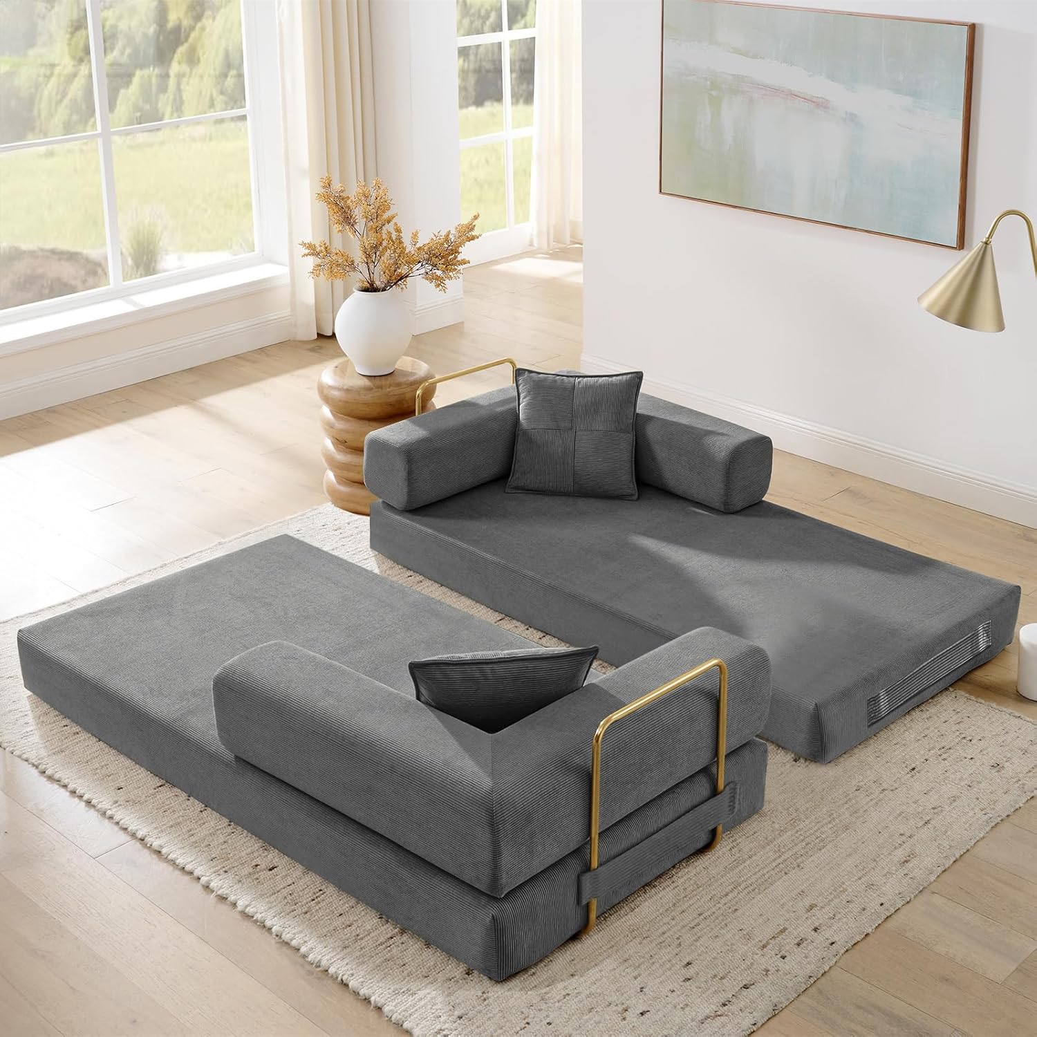 78" Convertible Futon Sofa Bed, 3-Seater Modern Corduroy Foam Floor King Size Bed Foldable Sleeper Lounge Loveseat Sofa Couch with 2 Throw Pillows for Living Room Bedroom Guest Room, Dark Grey