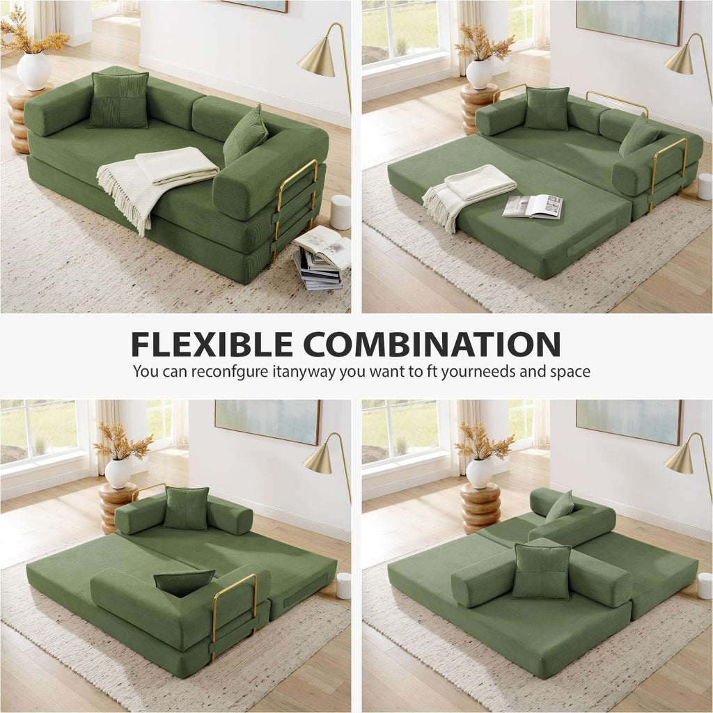 Convertible Folding Sofa Bed, Modern Futon Sleeper Sofa Fold Out Couch Bed with Gold Fixed Frame, Modular Floor Sofas Comfy Corduroy Boneless Couches for Living Room (78" Green)