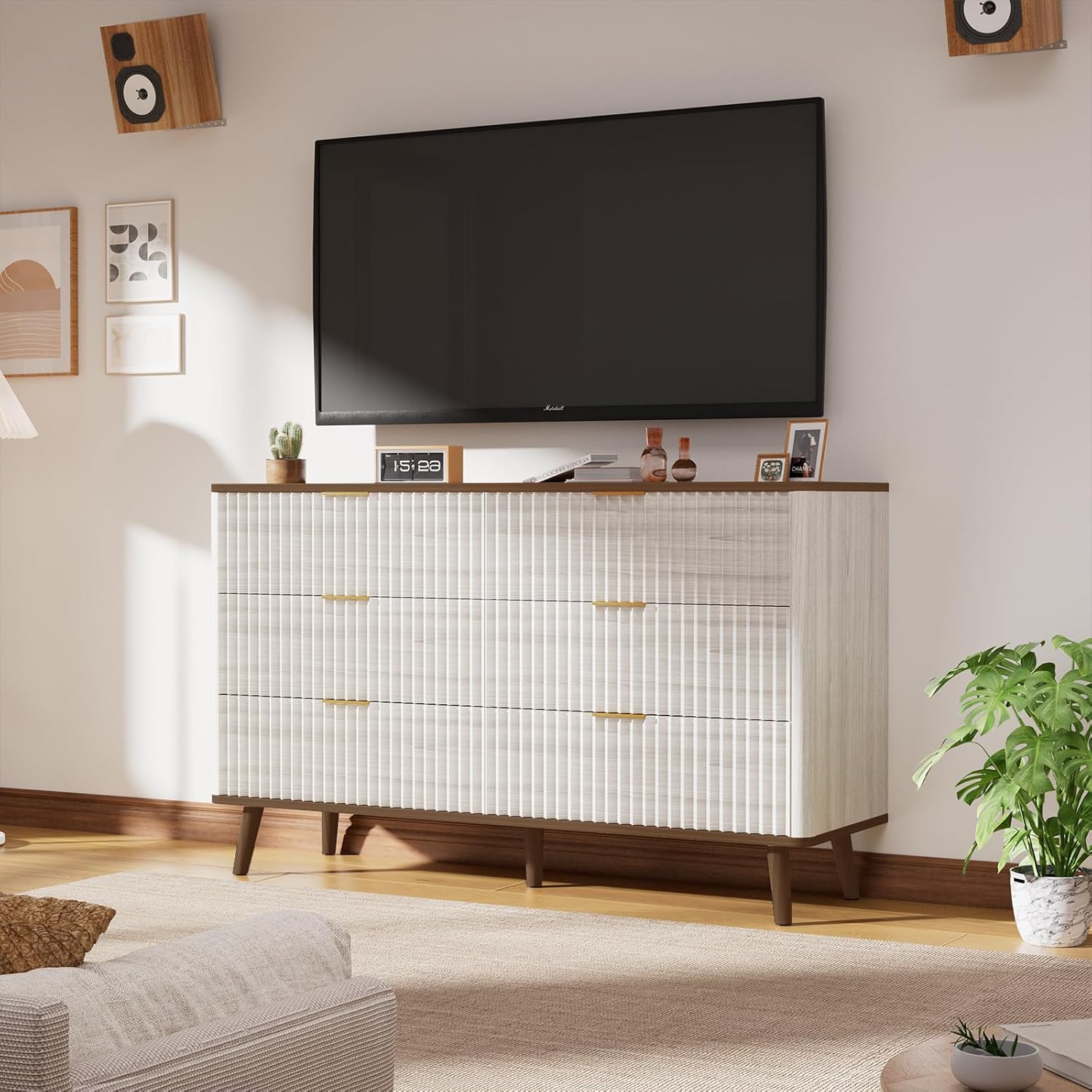 Fluted 6 Drawers Dresser, 47" Wide Wooden Chest of Drawers, Modern Mid Century Storage Closet Long Large TV Stand for Bedroom, Living Room,Hallway, Entryway, Nursery Room, Beige + Walnut