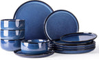 TheTerra Ceramic Dinnerware Sets for 4, 12 Pieces Handmade Reactive Glaze Plates and Bowls Set, Scratch Resistant Dish Set, Oven & Microwave & Dishwasher Safe, Blue