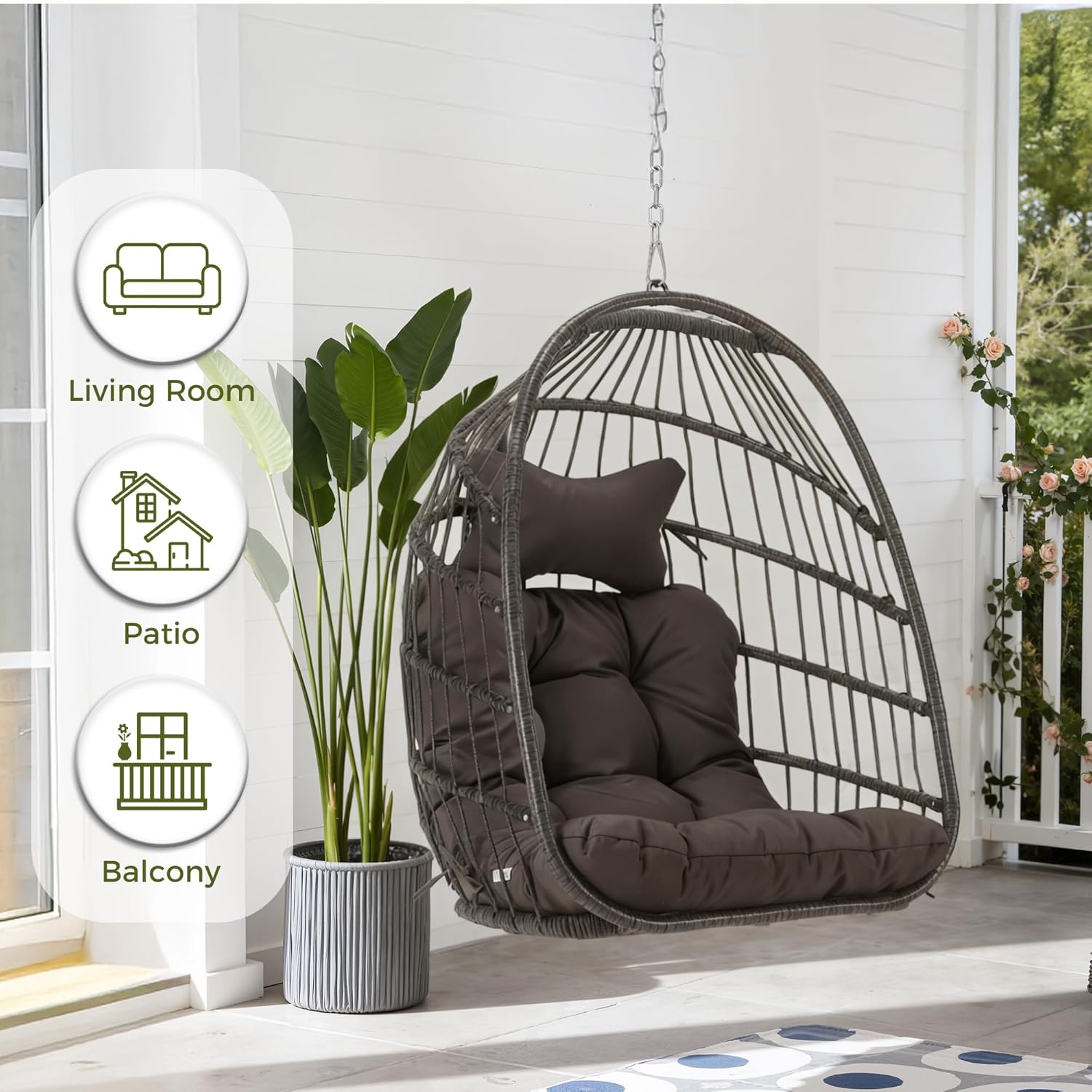 RADIATA Foldable Hanging Egg Swing Chair No Stand, Indoor Outdoor Wicker Basket Chair with Comfy Cushion, 350Lbs Durable Portable Hanging Hammock Seat for Bedroom Patio Porch Balcony, Dark Grey