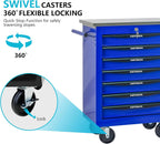 7 Drawers Tool Cart on Wheels with Stainless Steel Worktop, Heavy Duty Mobile Rolling Drawer Tool Chest with Locking Wheels & Lockable Drawers, Garage Tool Storage Cabinet (Blue, 7 Drawers)