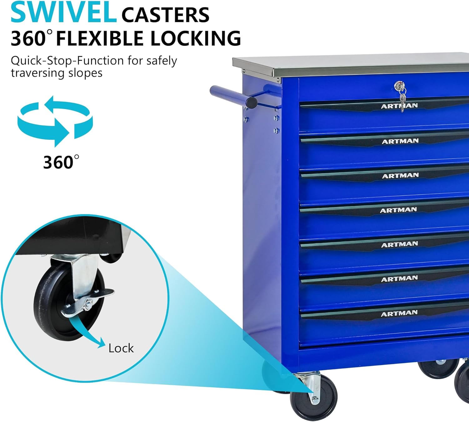 7 Drawers Tool Cart on Wheels with Stainless Steel Worktop, Heavy Duty Mobile Rolling Drawer Tool Chest with Locking Wheels & Lockable Drawers, Garage Tool Storage Cabinet (Blue, 7 Drawers)