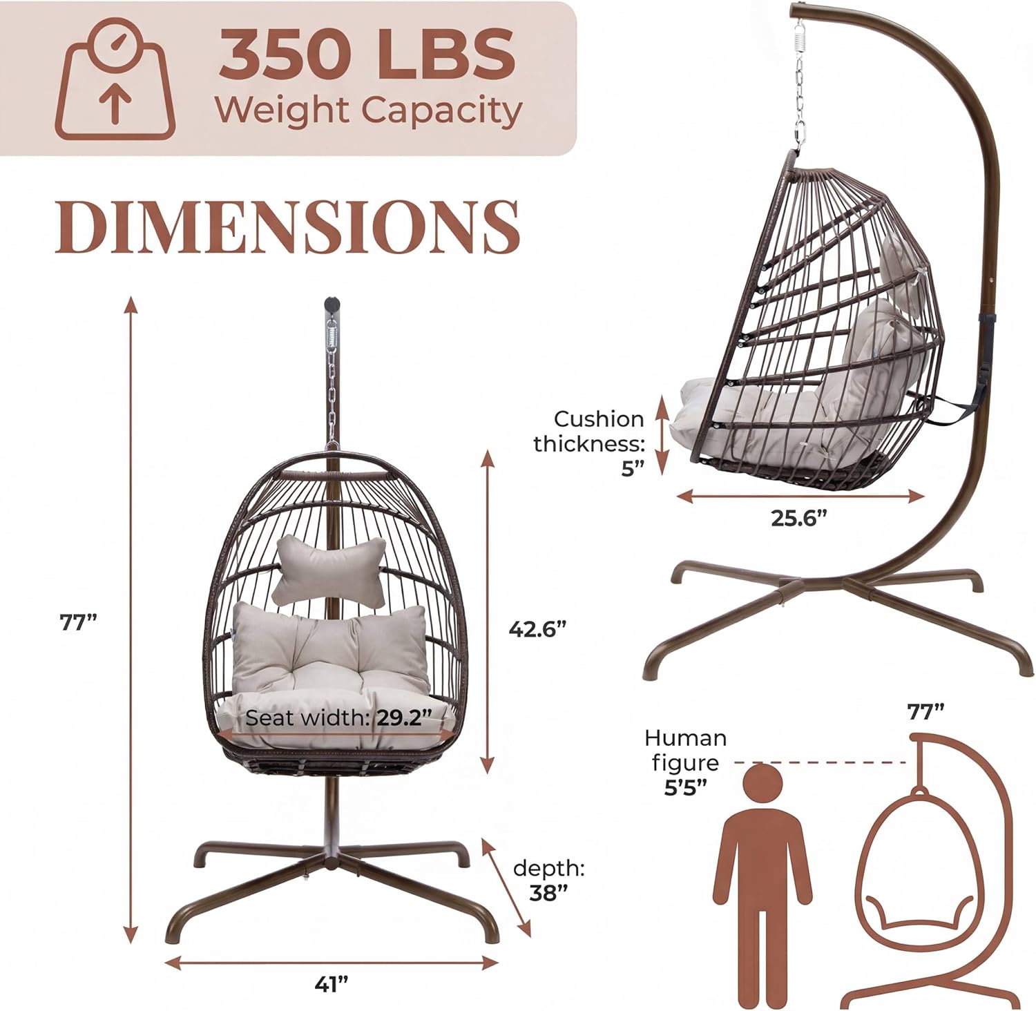 NICESOUL Egg Chair with Stand Indoor Outdoor, Patio Wicker Hanging Chair with Cushion, Swing Hammock Egg Shell Chairs, 350lbs Capacity Swinging Chair for Backyard, Balcony or Porch, Brown with Cover