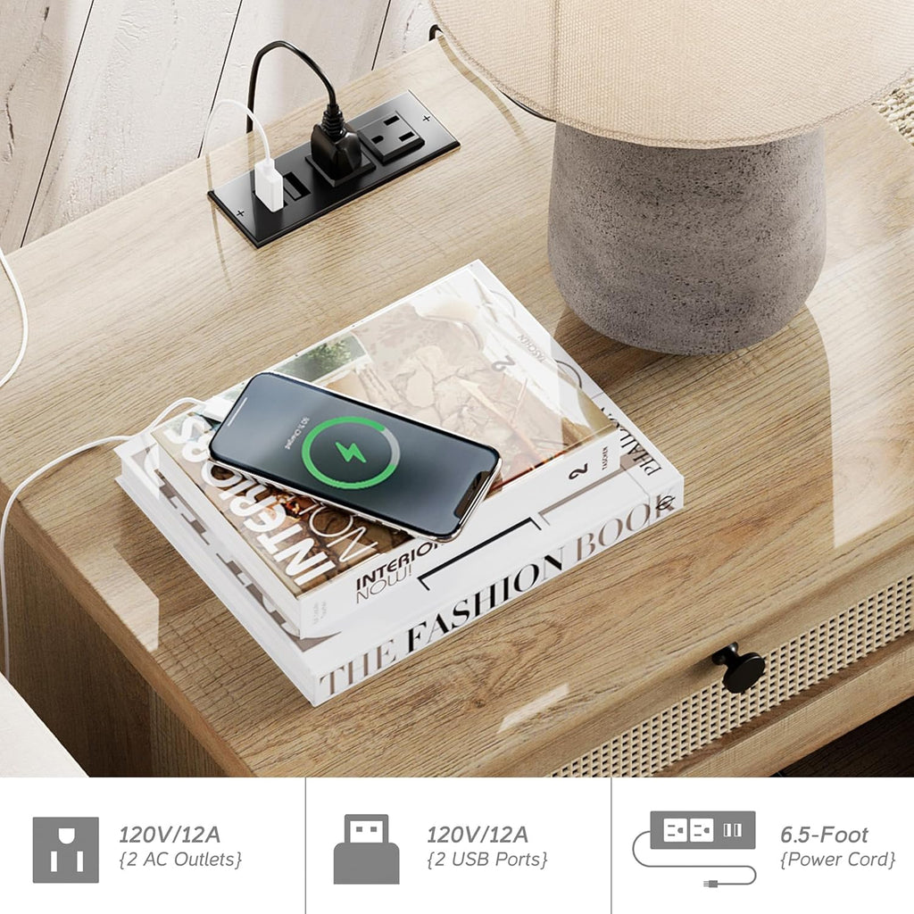 WAMPAT Rattan End Table with Charging Station for Living, Small Sofa Side Table with 2 Drawers & Open Shelf, Farmhouse Wooden Night Stand Retro Bedside Table for Living Room, Light Oak