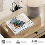 WAMPAT Rattan End Table with Charging Station for Living, Small Sofa Side Table with 2 Drawers & Open Shelf, Farmhouse Wooden Night Stand Retro Bedside Table for Living Room, Light Oak