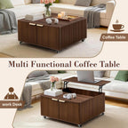 Fluted Lift Top Coffee Table on Wheels, Walnut Storage Coffee Table with Adjustable Height for Living Room, Office