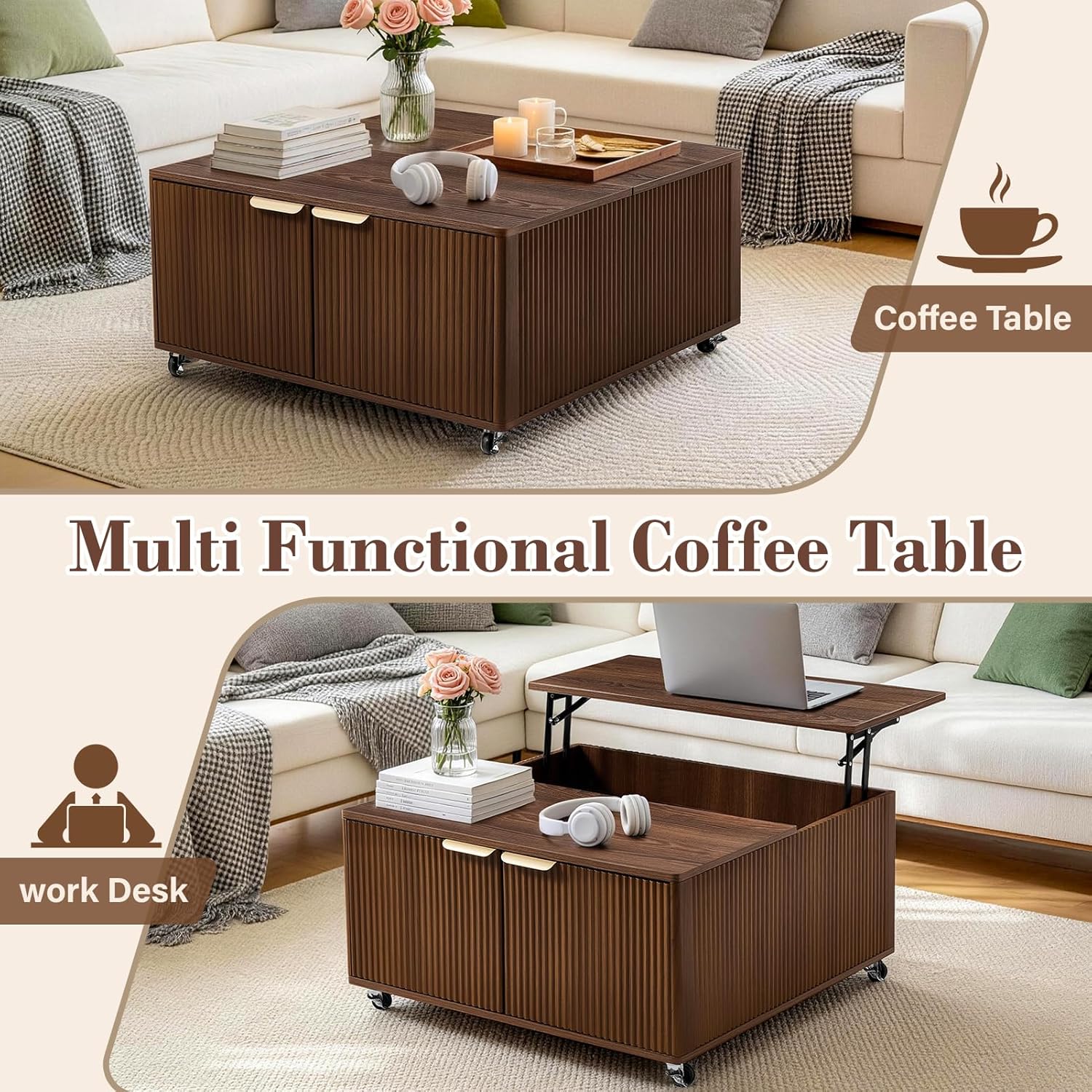 Fluted Lift Top Coffee Table on Wheels, Walnut Storage Coffee Table with Adjustable Height for Living Room, Office
