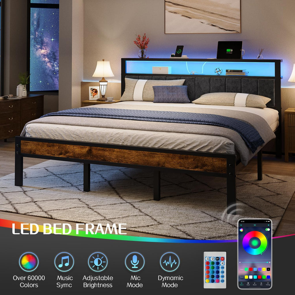 King Size Platform Bed Frame with LED Lights, Grey Upholstered Headboard with 2-Tier Storage Shelves, Charging Station, Noise Free, No Box Spring Needed, Easy Assemably