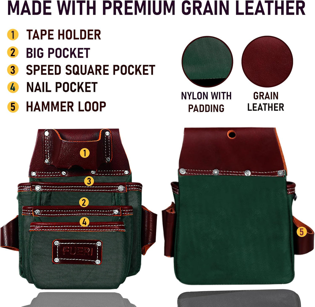 FUERI Electrician's Heavy Duty 26 Pocket Leather-Nylon Tool Belt & Suspender Combo, Comfort Back Support Padded Belt, 2 Large Storage Capacity Pouches, Best for Framers, Carpenter, Roofing