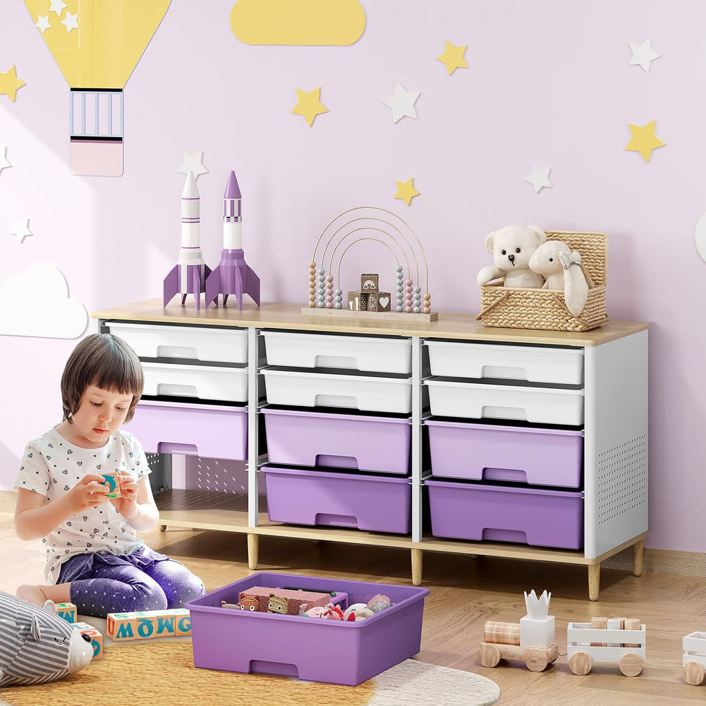 12 Drawers Storage Cabinet with Wooden Top and Plastic Bins, Toy Storage Organizer Toy Shelf Storage Chest Cubby Organizer for Home, Office, Playroom, Classroom & Craft Room Storage (Gradient Purple)