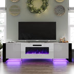VanAcc 70" Fireplace TV Stand with 36" Electric Fireplace, High Gloss Entertainment Center with LED Lights, Modern Entertainment Stand for TVs up to 80", White