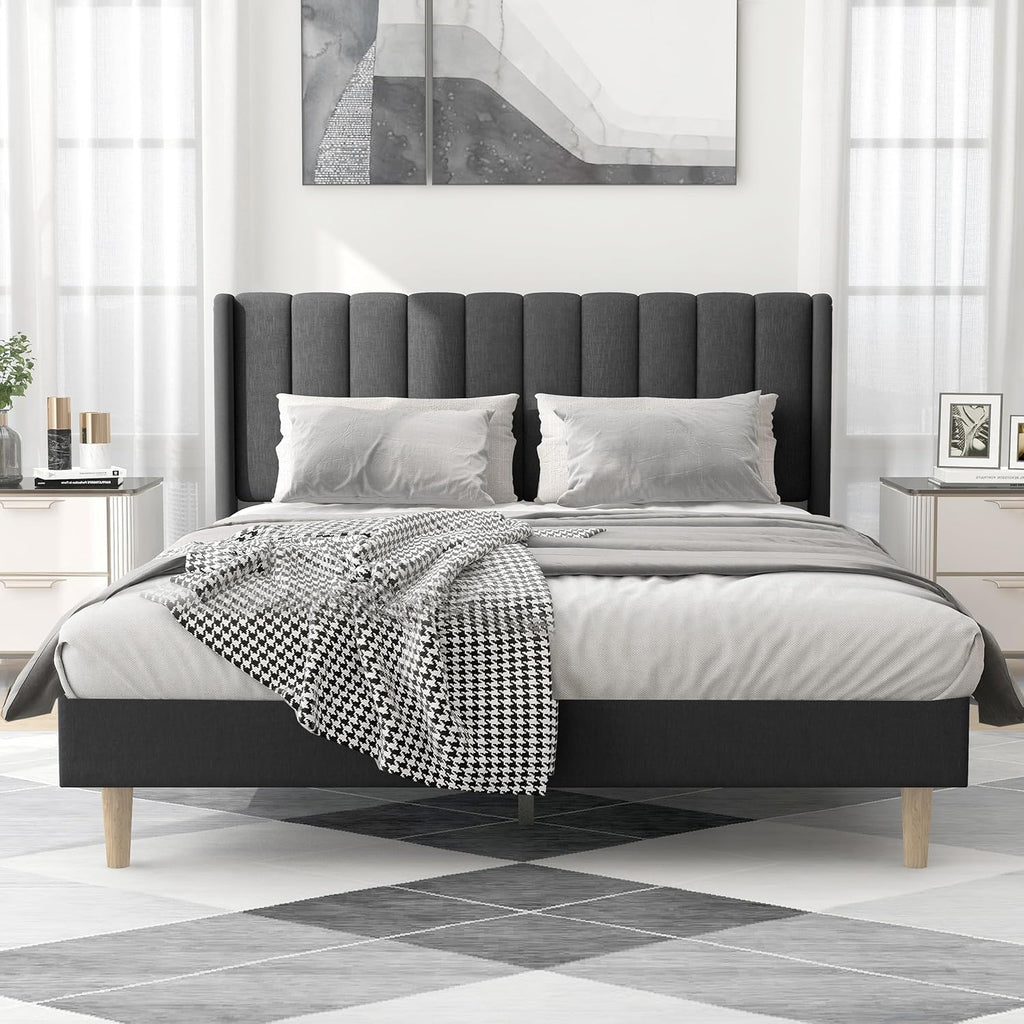 alazyhome Upholstered Platform Queen Size Bed Frame with Headboard Wooden Slats Support No Noise Easy Assembly Black Linen