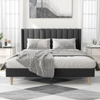 alazyhome Upholstered Platform Queen Size Bed Frame with Headboard Wooden Slats Support No Noise Easy Assembly Black Linen