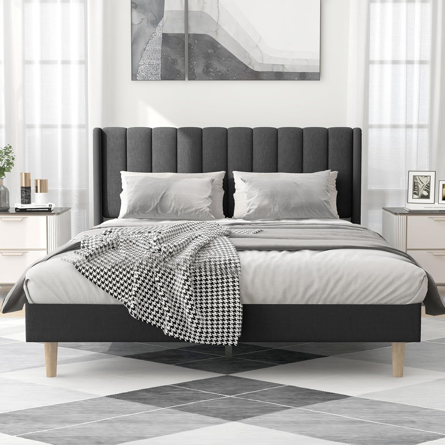 alazyhome Upholstered Platform Queen Size Bed Frame with Headboard Wooden Slats Support No Noise Easy Assembly Black Linen