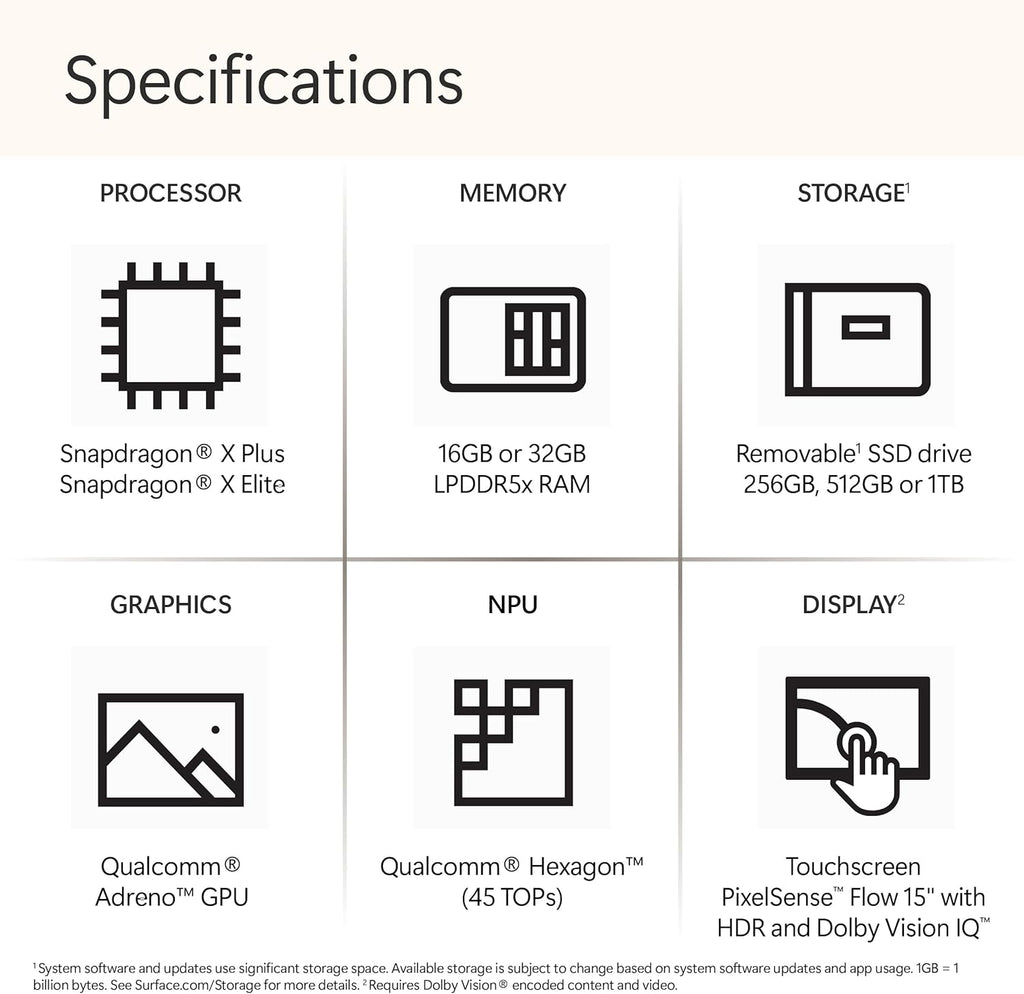Microsoft Surface Laptop (2024)  Windows 11 Copilot+ PC  15" Touchscreen Display  Snapdragon X Elite (12 core)  16GB RAM  256GB SSD Storage  Platinum