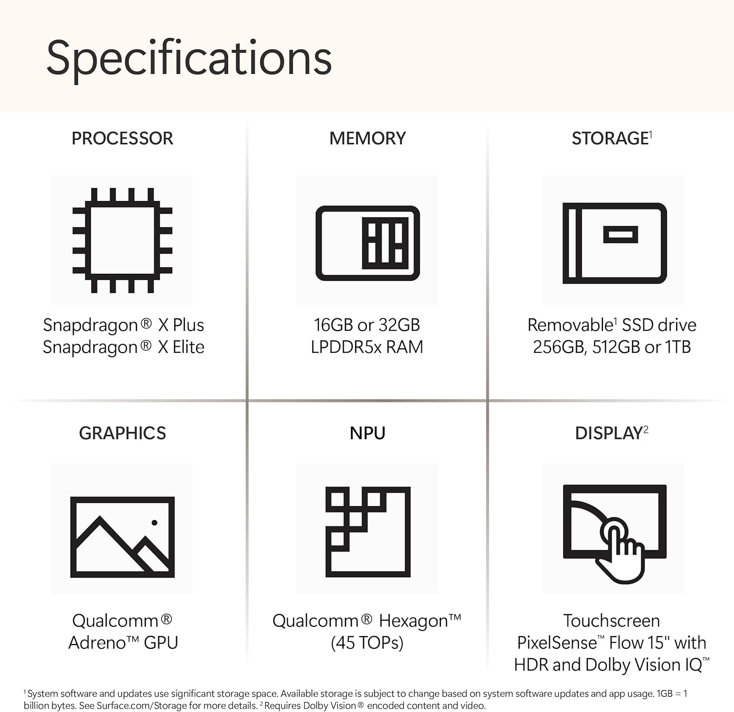Microsoft Surface Laptop (2024)  Windows 11 Copilot+ PC  15" Touchscreen Display  Snapdragon X Elite (12 core)  16GB RAM  256GB SSD Storage  Platinum