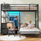 DICTAC Bunk Bed with L-Shaped Desk,5 Storage Drawers and 2 Shelves Metal Twin XL Over Twin Bunk Bed with LED Lights and Charging Station,bunk Beds with Safety Guardrail & Ladder,Space-Saving,Black
