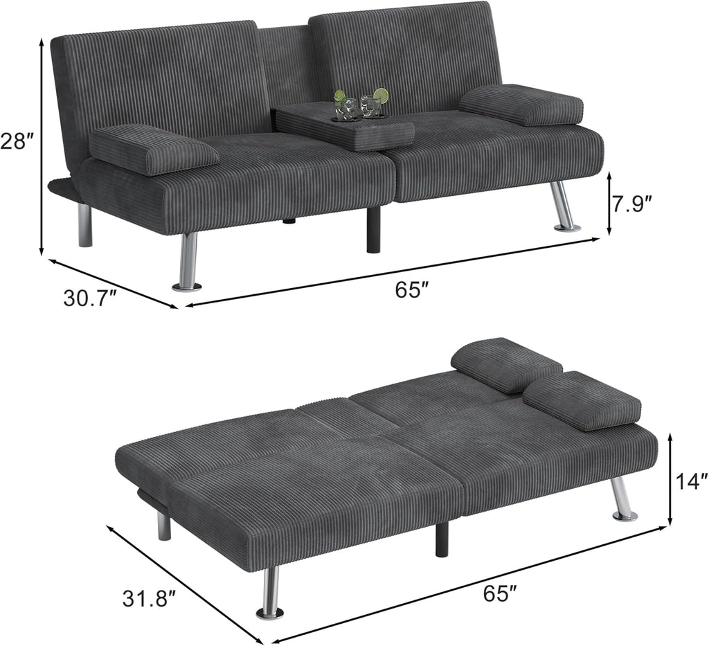 Shahoo Modern Upholstered Convertible Folding Futon Sofa Bed with Removable Armrests, Metal Legs, 2 Cup Holders for Living Room, Grey