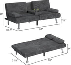 Shahoo Modern Upholstered Convertible Folding Futon Sofa Bed with Removable Armrests, Metal Legs, 2 Cup Holders for Living Room, Grey