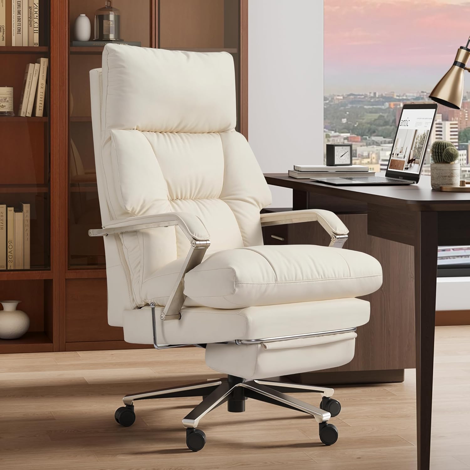 M76 160° Reclining Office Chair with Footrest, 10" Thick Cloud Cushion Executive Desk Chair, Extra Wide Cross-Legged Ergonomic Chair for Big and Tall, Adjustable Seat Depth, Easy Assembly, Cream