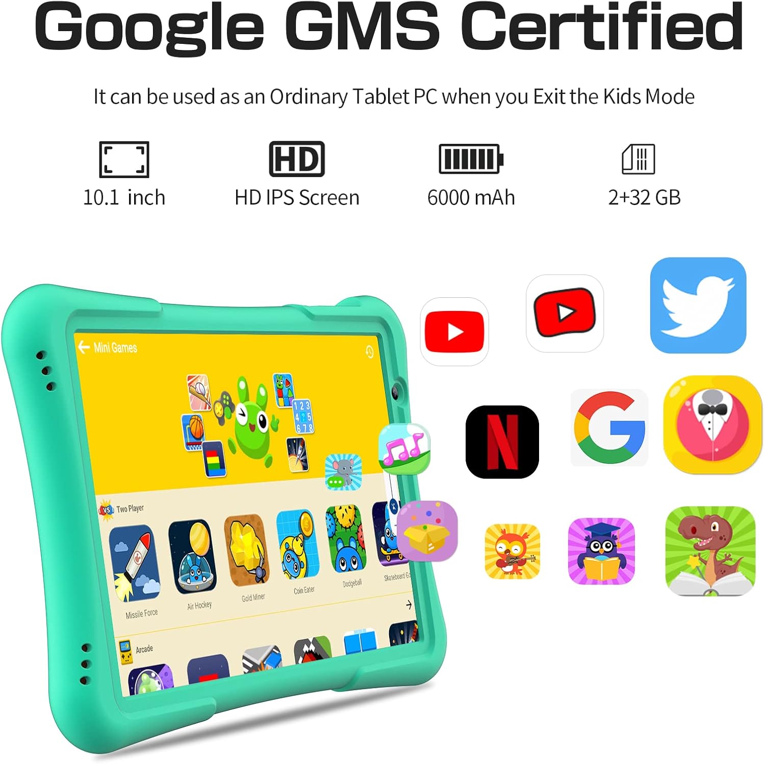 PRITOM 10 inch Kids Tablet Android 14 Tabletas 32GB, Quad-Core, 6000mAh, Large HD IPS Display, WiFi 6, Dual Camera, Bluetooth, Toddler Tablet for Kids Age 3+, Green