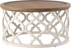 COZAYH Farmhouse Round Coffee Table, Distressed Wood Tray Top with Curved Motif Base, Rustic Boho French Country Living Room Table, White