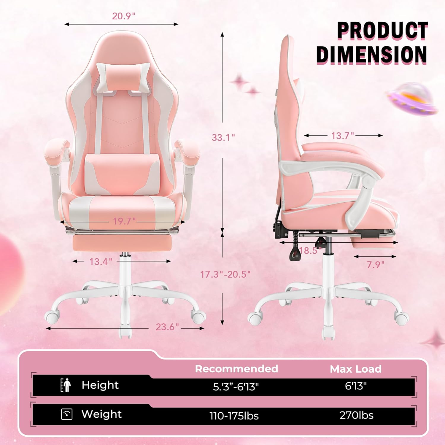 Homall Gaming Chair, Video Game Chair with Footrest and Massage Lumbar Support, Ergonomic Computer Chair Height Adjustable with Swivel Seat and Headrest (Pink)