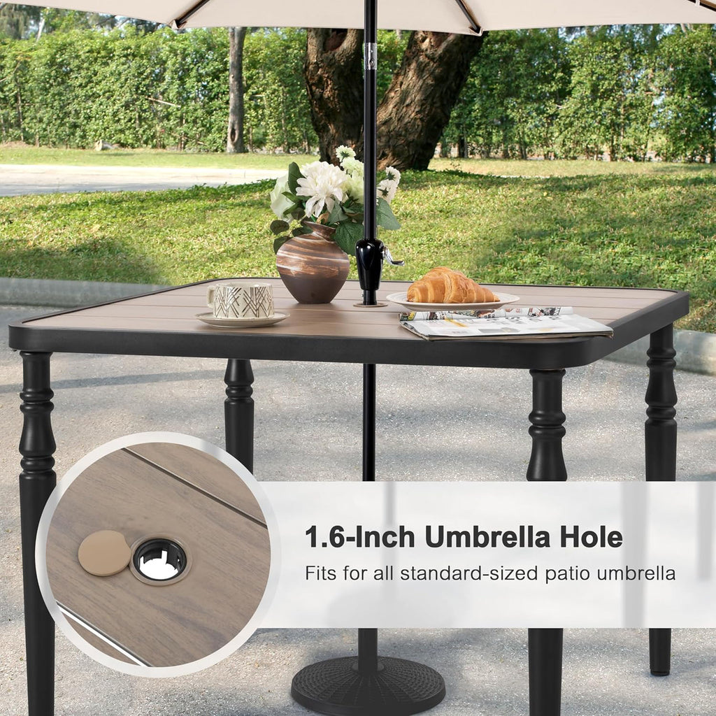 NUU GARDEN 37" Square Outdoor Dining Table, Metal Dining Table with Umbrella Hole, Wood-Grain Tabletop, Weather-Resistant for Garden, Backyard, Deck, Lawn