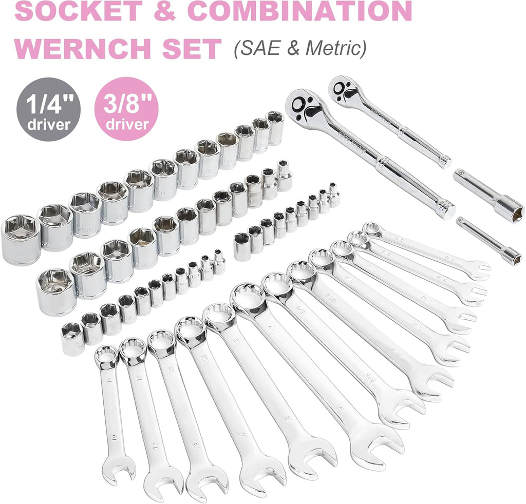 FASTPRO 225-Piece Pink Tool Set, SAE & Metric Mechanics Hand Tool Set with Toolbox, Home/Auto Repairing Tool Kit for DIY, Home Maintenance and Car Repairing