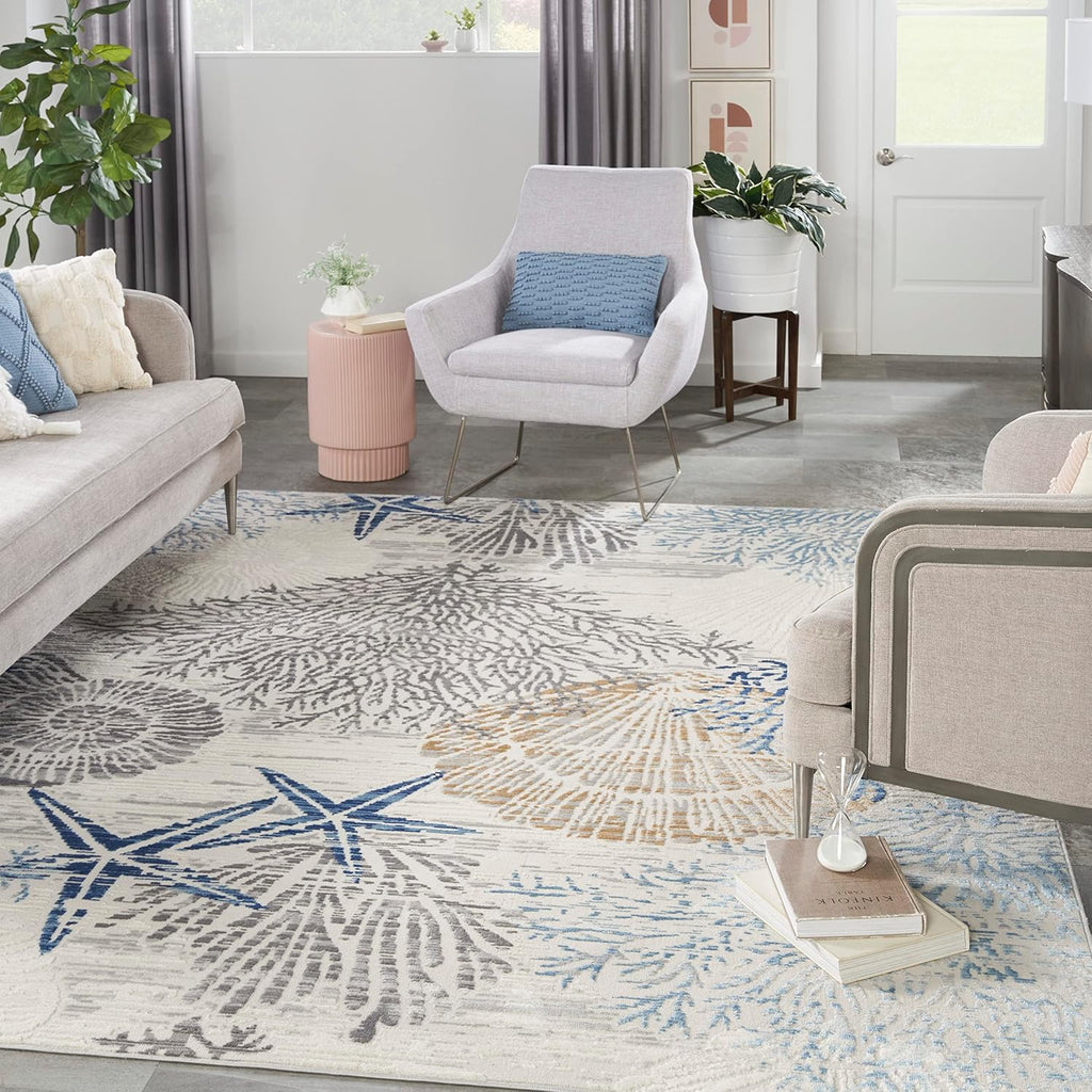 Nourison Home Pompeii Ivory Grey Blue 7'10" x 9'10" Area Rug - Easy Clean, Non Shedding, Bed Room, Living Room, Dining Room, Kitchen (8' x 10')