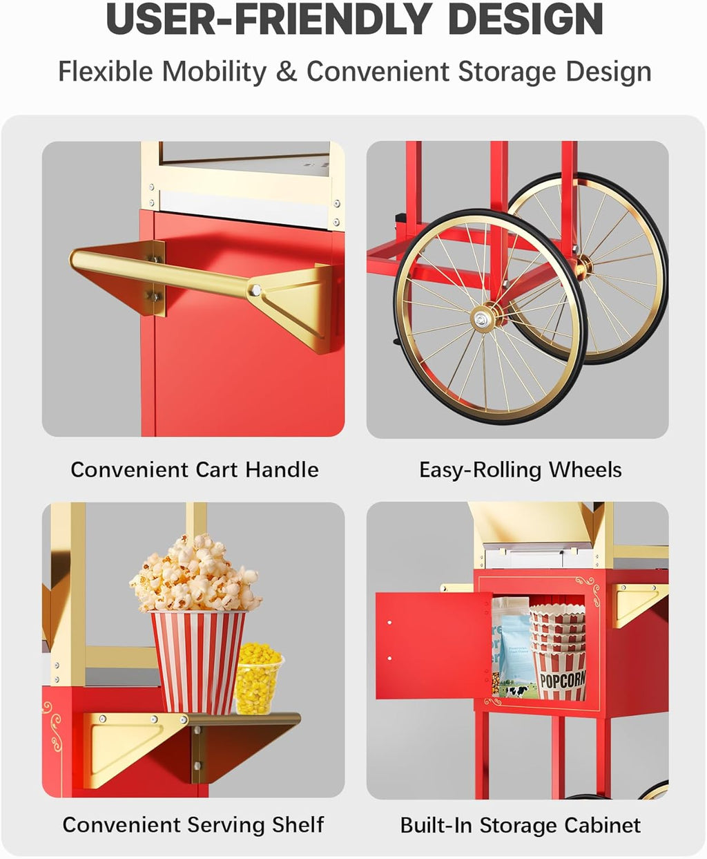 12 oz Upgraded Popcorn Machine Cart, Popcorn Maker Machine with Stainless-Steel Kettle Makes Up to 48 Cups, Movie Theater Pop Corn Machine with 3-Switch Control & Tempered Glass Doors, Red