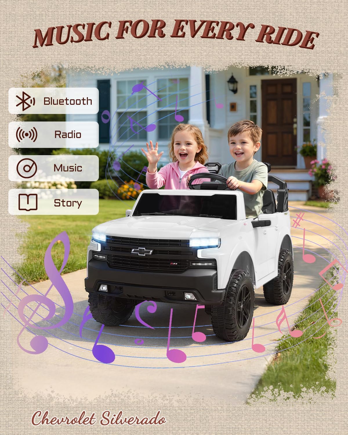 First Ride On 24V 2 Seater Ride on Car for Kids  Licensed Chevrolet Silverado Electric Car for Kids with Remote Control  Toddler Car with Bluetooth  LED Lights  Seat Belts and Spacious Design (White)