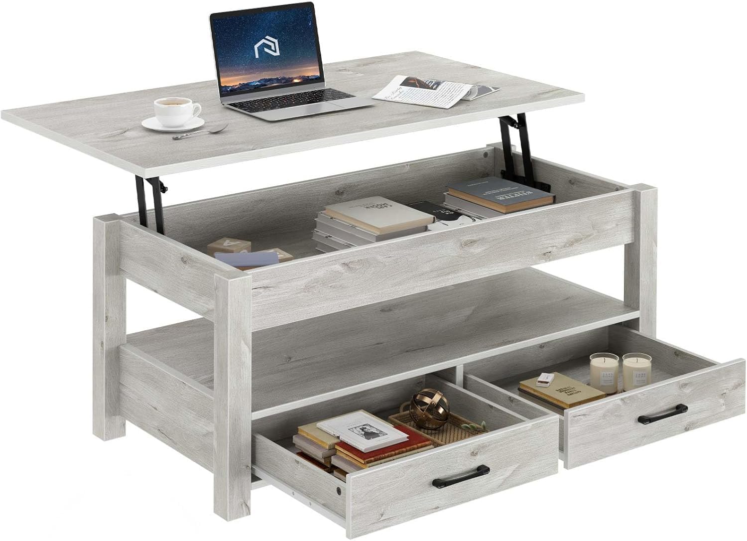 Rolanstar Coffee Table, Lift Top Coffee Table with Drawers and Hidden Compartment, Living Room Table with Wooden Lift Tabletop, for Living Room, Grey
