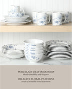 Martha Stewart Empress Bouquet 30 Piece Decorated Porcelain Chip and Scratch Resistant Dinnerware Plates and Bowls Set - Blue Floral