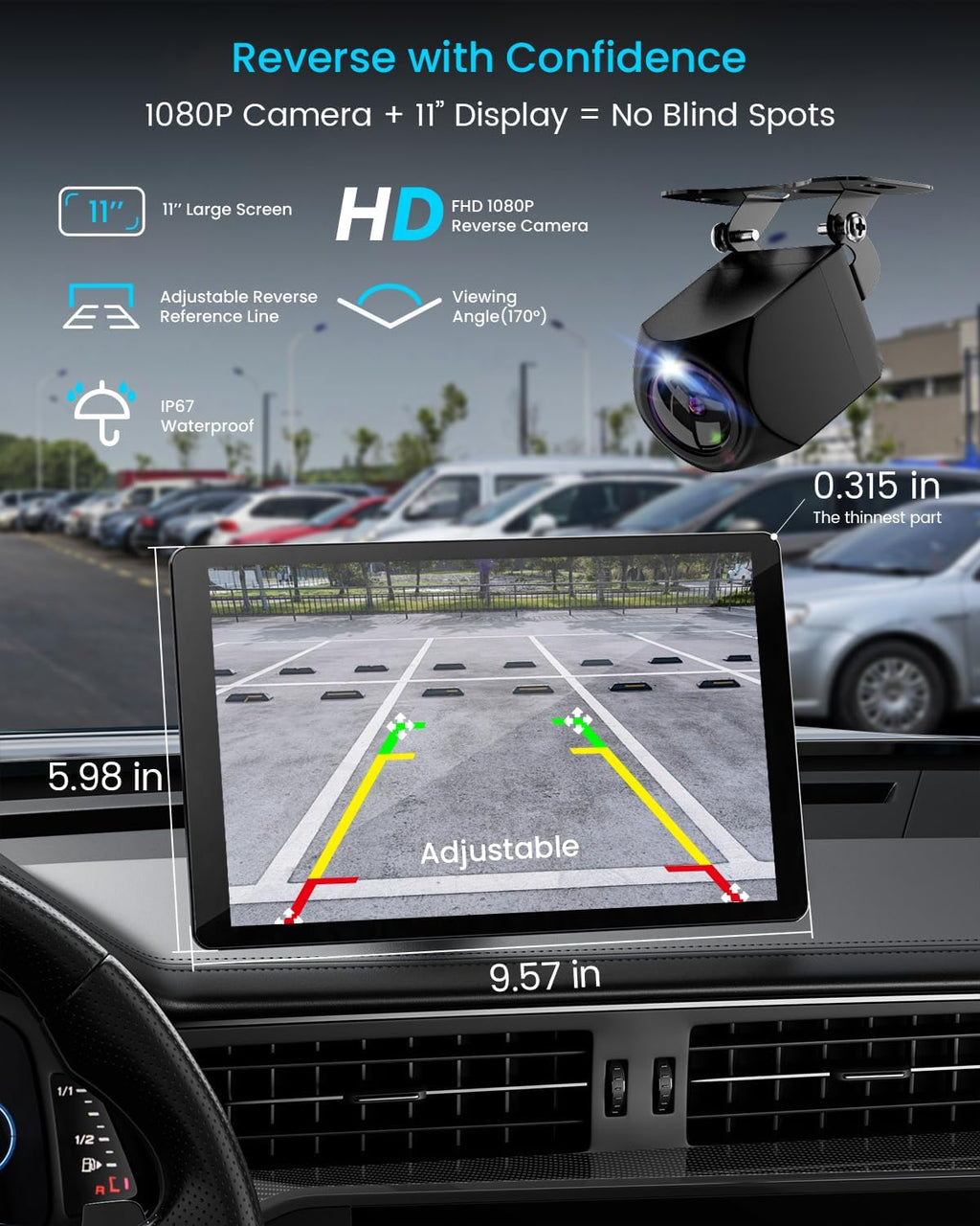 11" Extra Large Wireless Apple CarPlay Screen for Car – Ultra-Slim 0.16 Inch Touchscreen Car Stereo with Android Auto  4K Dash Cam  1080p Backup Camera  GPS  Mirror Link  Voice Control