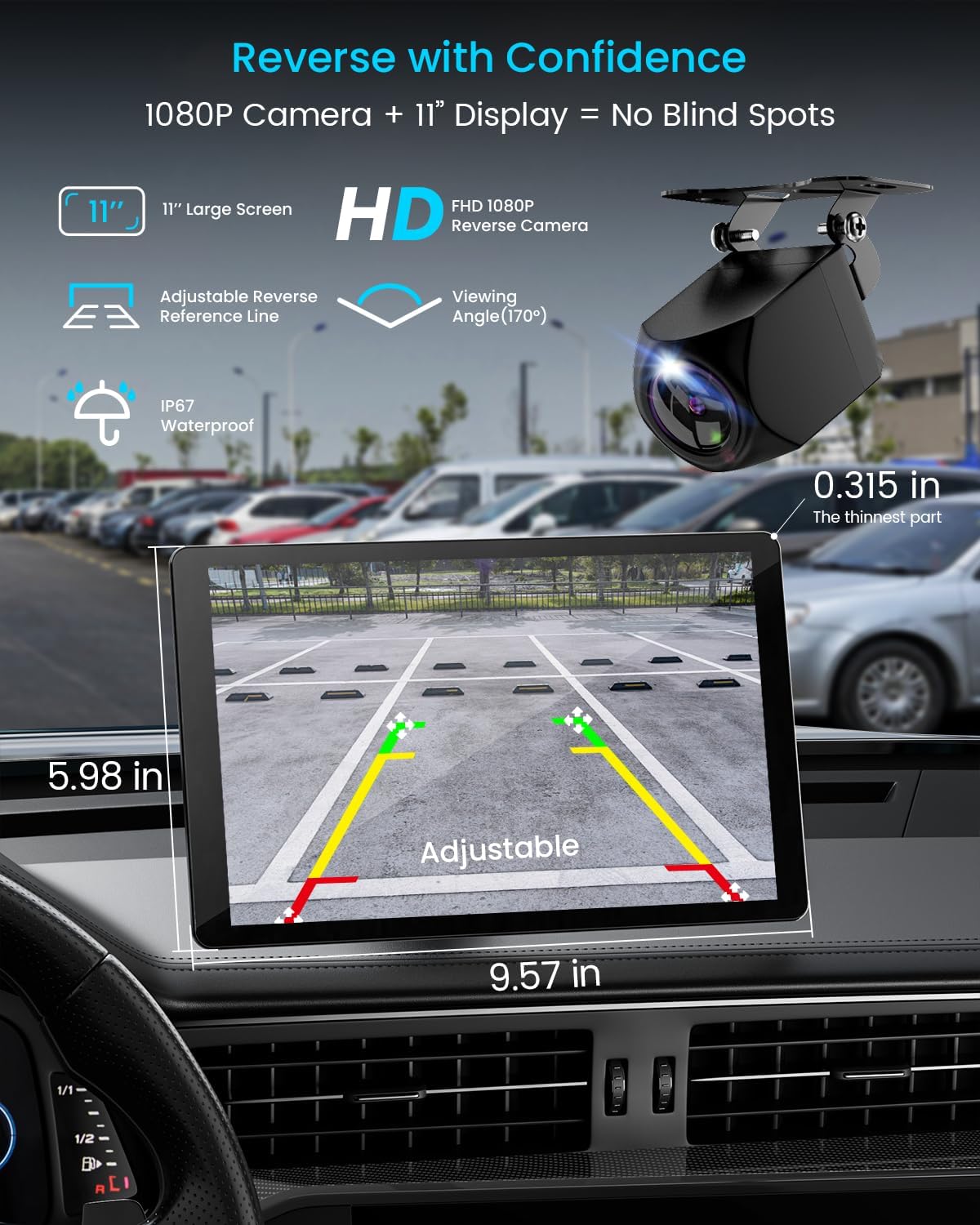 11" Extra Large Wireless Apple CarPlay Screen for Car – Ultra-Slim 0.16 Inch Touchscreen Car Stereo with Android Auto  4K Dash Cam  1080p Backup Camera  GPS  Mirror Link  Voice Control