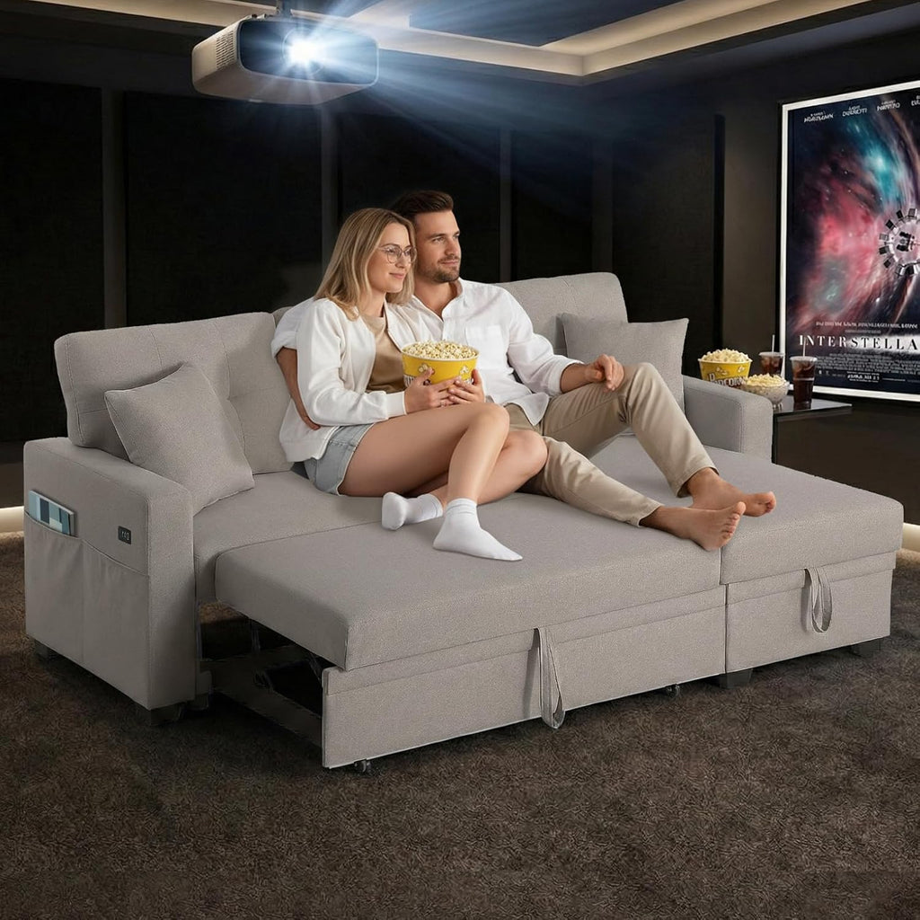 82" L Shaped Sleeper Sofa Bed: Sectional Sleeper Couch with Pull Out Bed, Storage Chaise, USB Charging, 3 Seat Sectional Sofa Bed with Throw Pillow for Living Room (Linen Fabric, Beige)