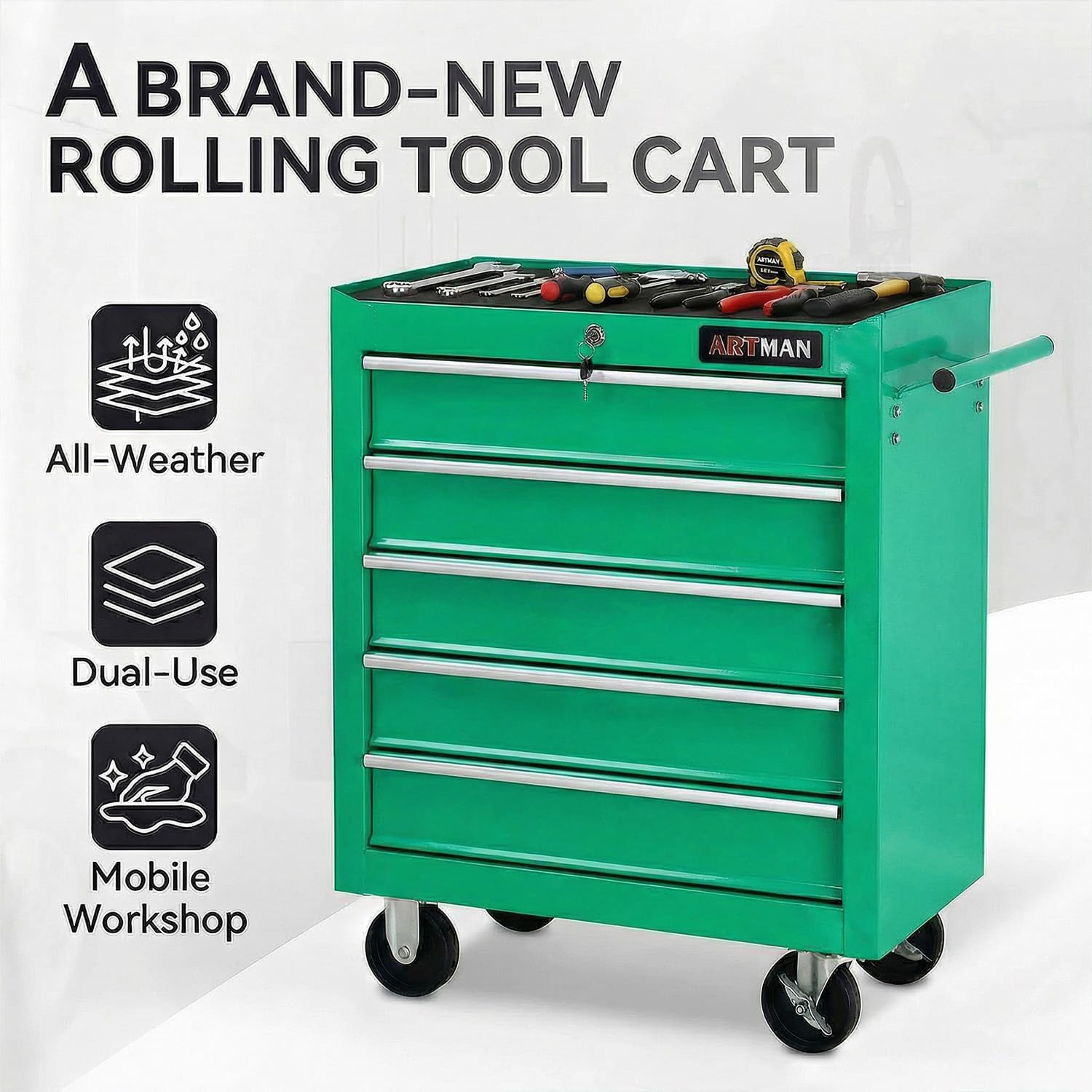 5 Drawers Tool Cart on Wheels,Rolling Tool Chest Tool Storage,Drawers Rolling Tool Trolley Organizer Tool Case for Garage, Warehouse, Workshop, Repair Shop (5 Drawers-Green)