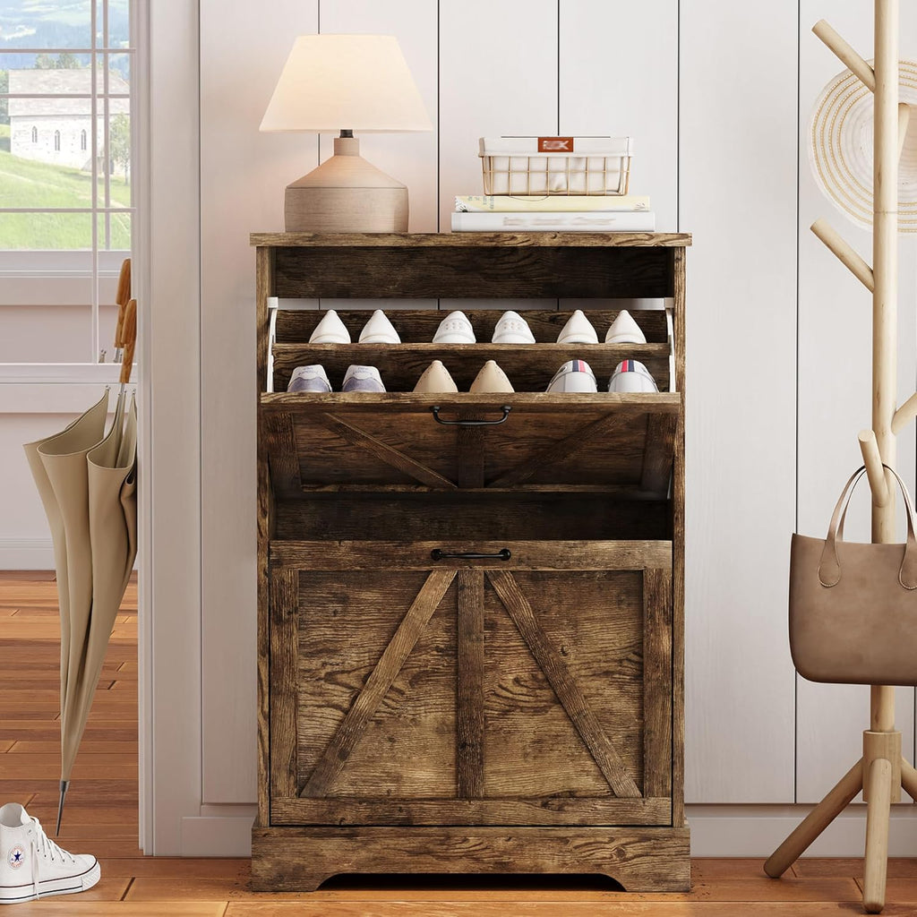 Semiocthome Farmhouse Shoe Storage Cabinet with 2 Flip Drawers, 23.6"(W) Freestanding Shoe Organizer with Barn Door and Metal Handles for Entryway, Corner Narrow Shoe Rack Cabinet - Rustic Brown