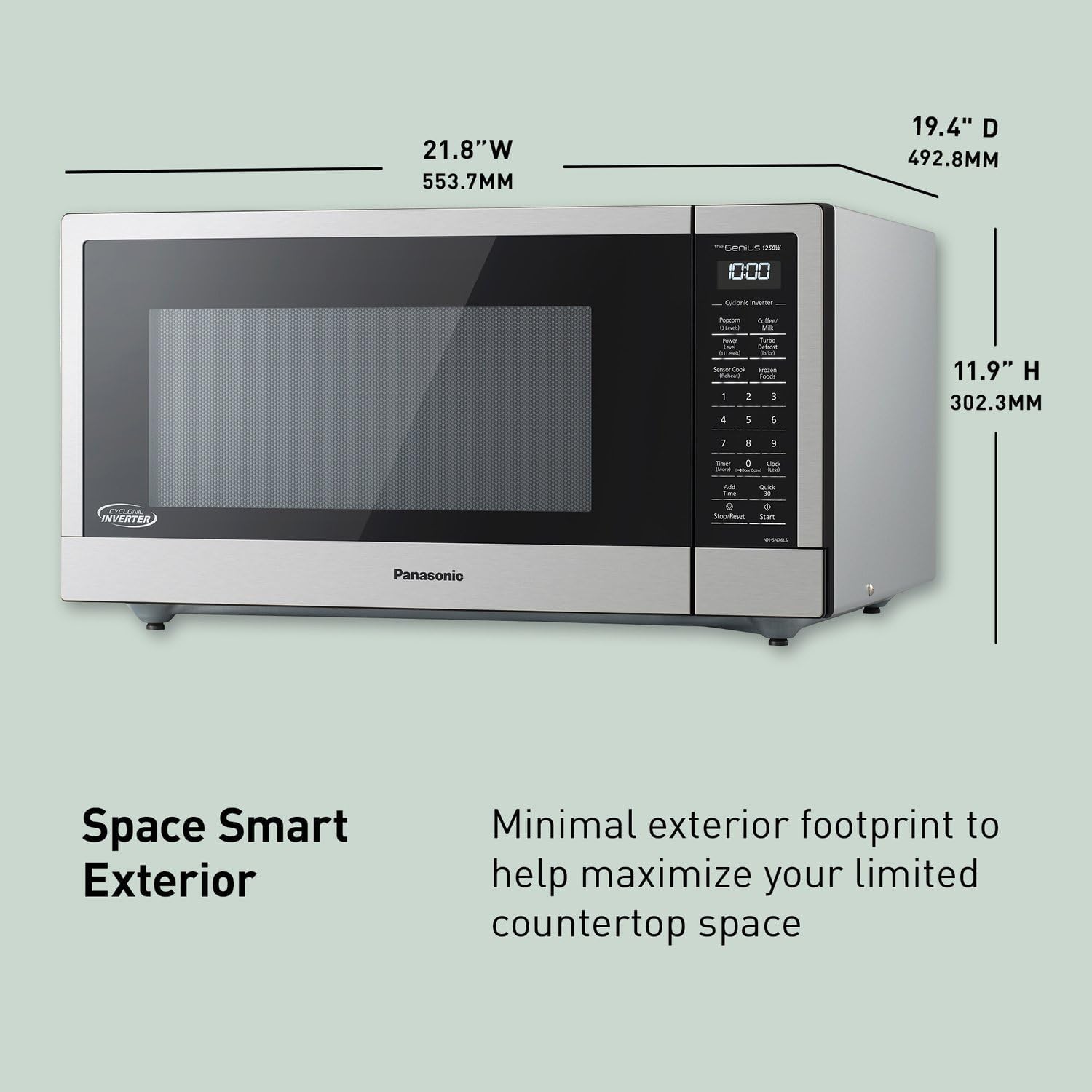 Panasonic NN-SN76LS 1.6 cu.ft Cyclonic Inverter Countertop Microwave Oven 1250Watt Power with Genius Sensor Cooking, 19.44"D x 21.88"W x 11.94"H, Stainless Steel